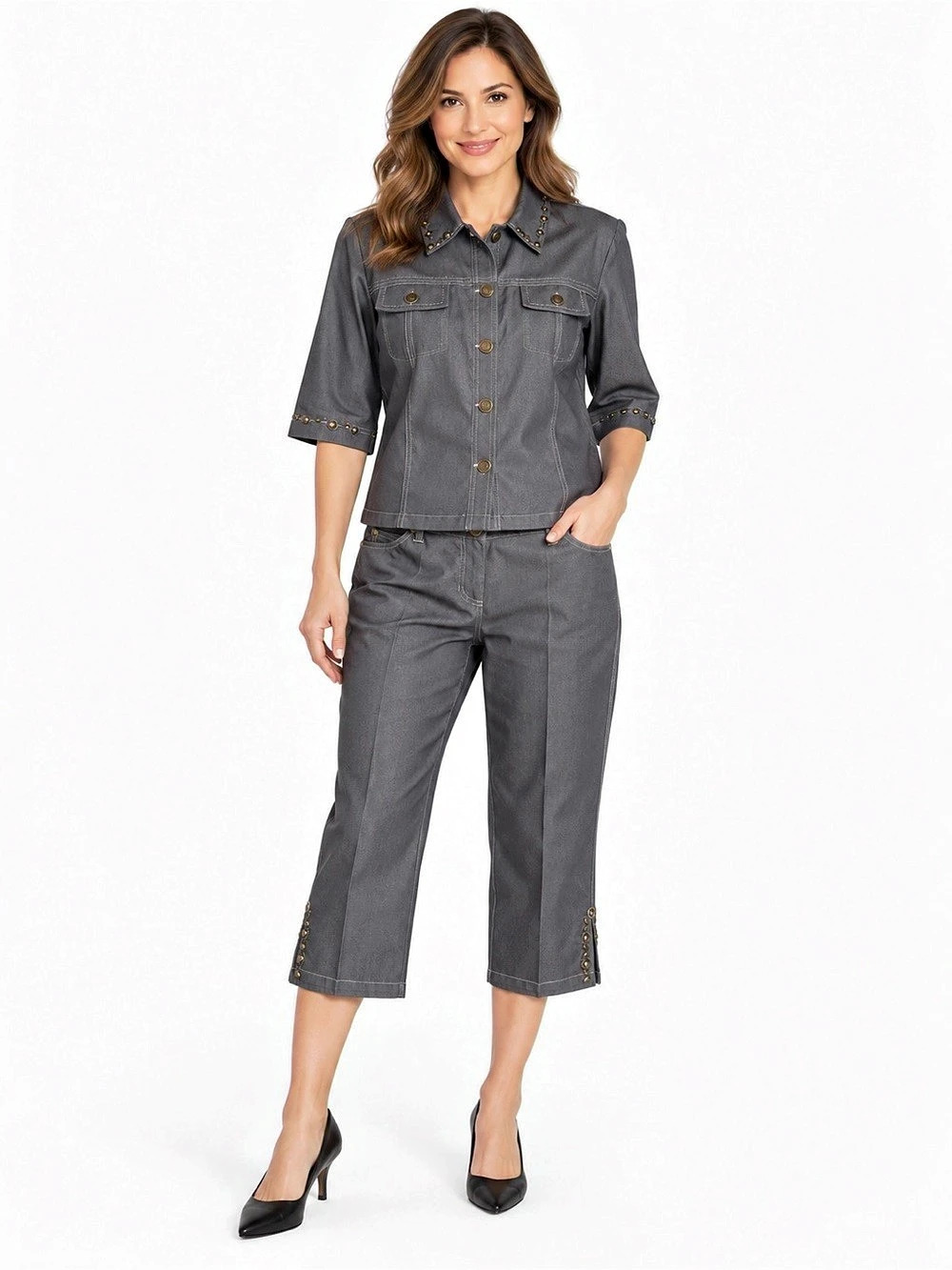 NWOT Draperโs & Damonโs Gray Studded 2-Piece Capri Pantsuit Petite M/12